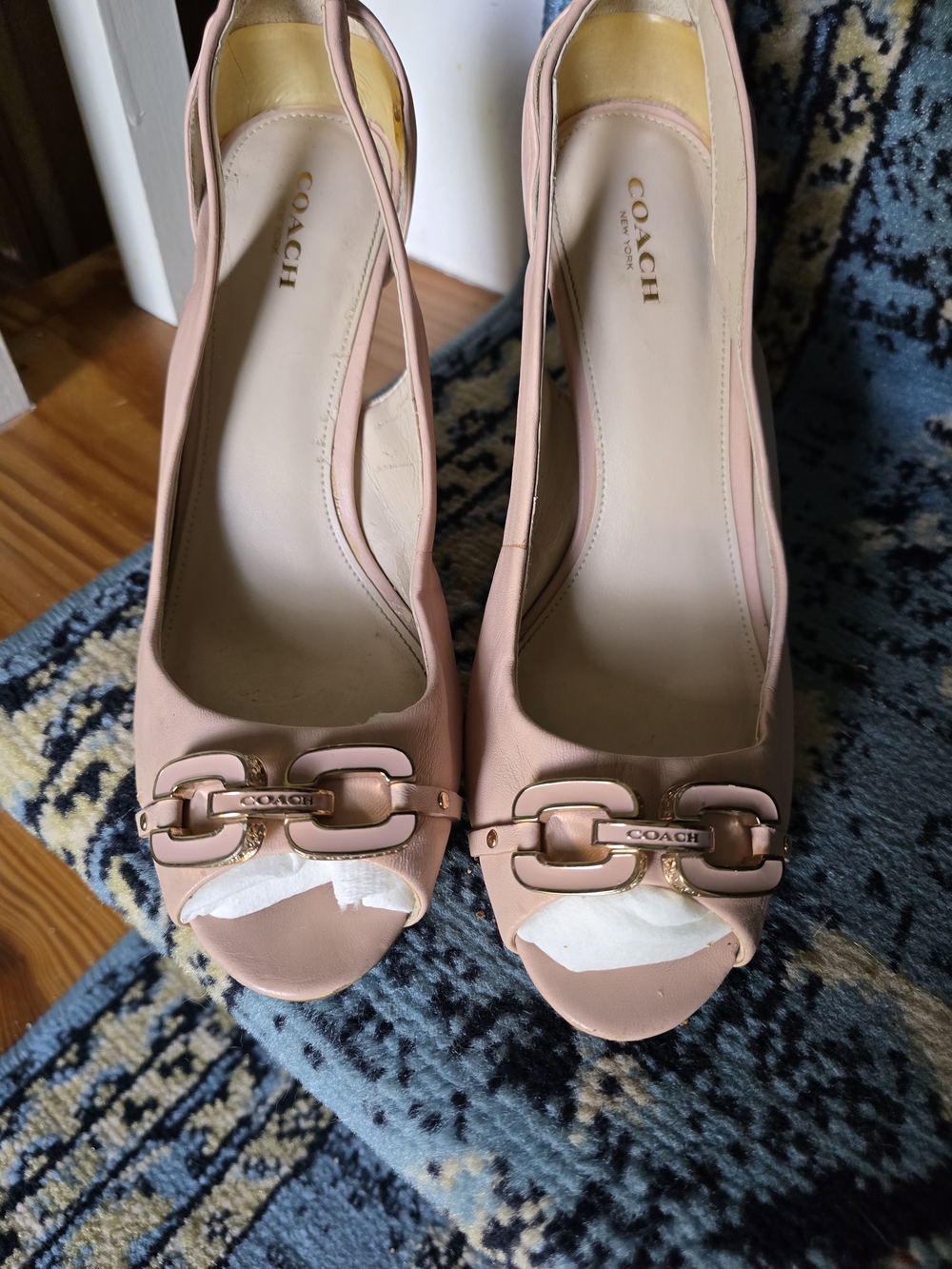 Coach Pink Leather Open-Toe Heels with Gold Chain Detail SIZE 9